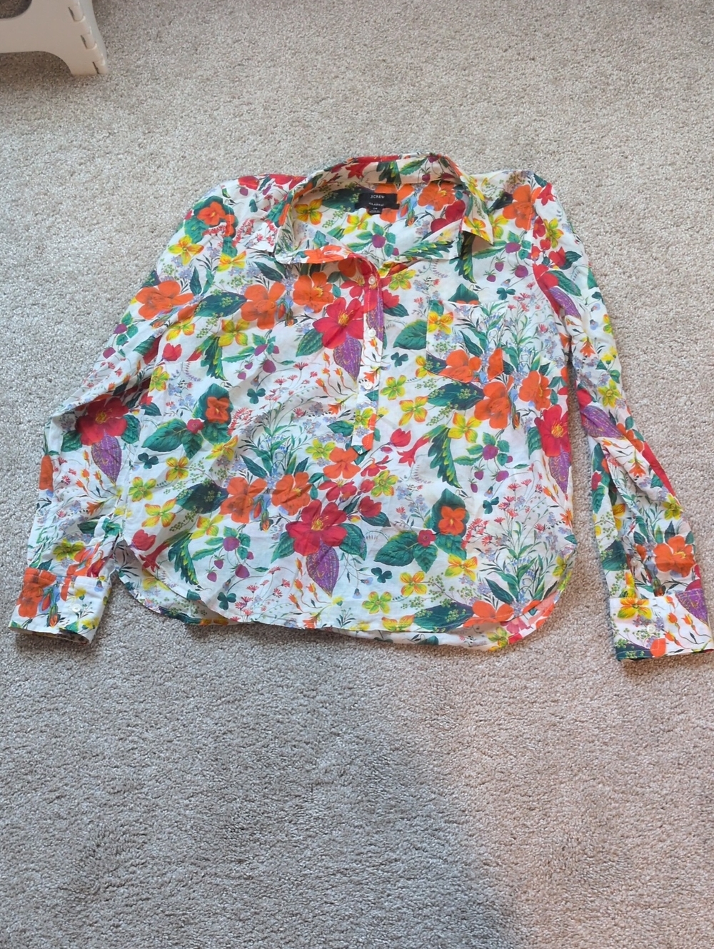 J. Crew White Button-Down Shirt with Orange, Green & Pink Floral Print
